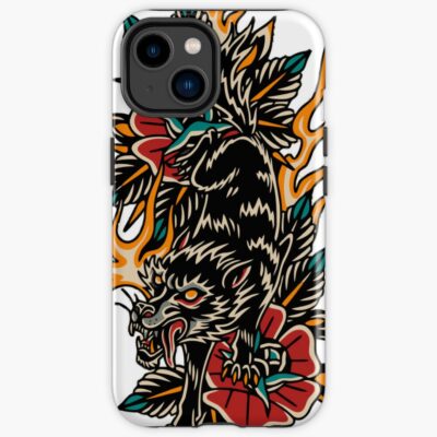 American Traditional Tattoo Wolf On Roses In Flame Iphone Case Official Tattoo Gifts Merch