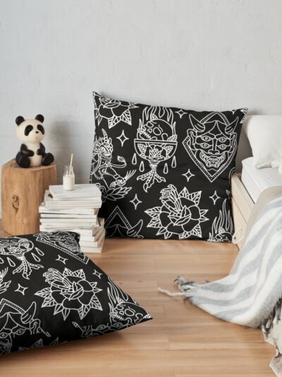 Black And White Traditional Tattoo Flash Pattern Throw Pillow Official Tattoo Gifts Merch