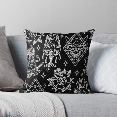 Black And White Traditional Tattoo Flash Pattern Throw Pillow Official Tattoo Gifts Merch