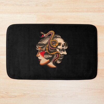 Lady Head With Snake Tattoo Bath Mat Official Tattoo Gifts Merch