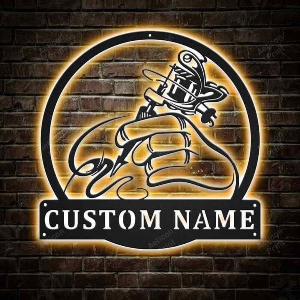 Personalized Tattoo Artist Monogram, Tattoo Artist Metal Sign With LED Lights