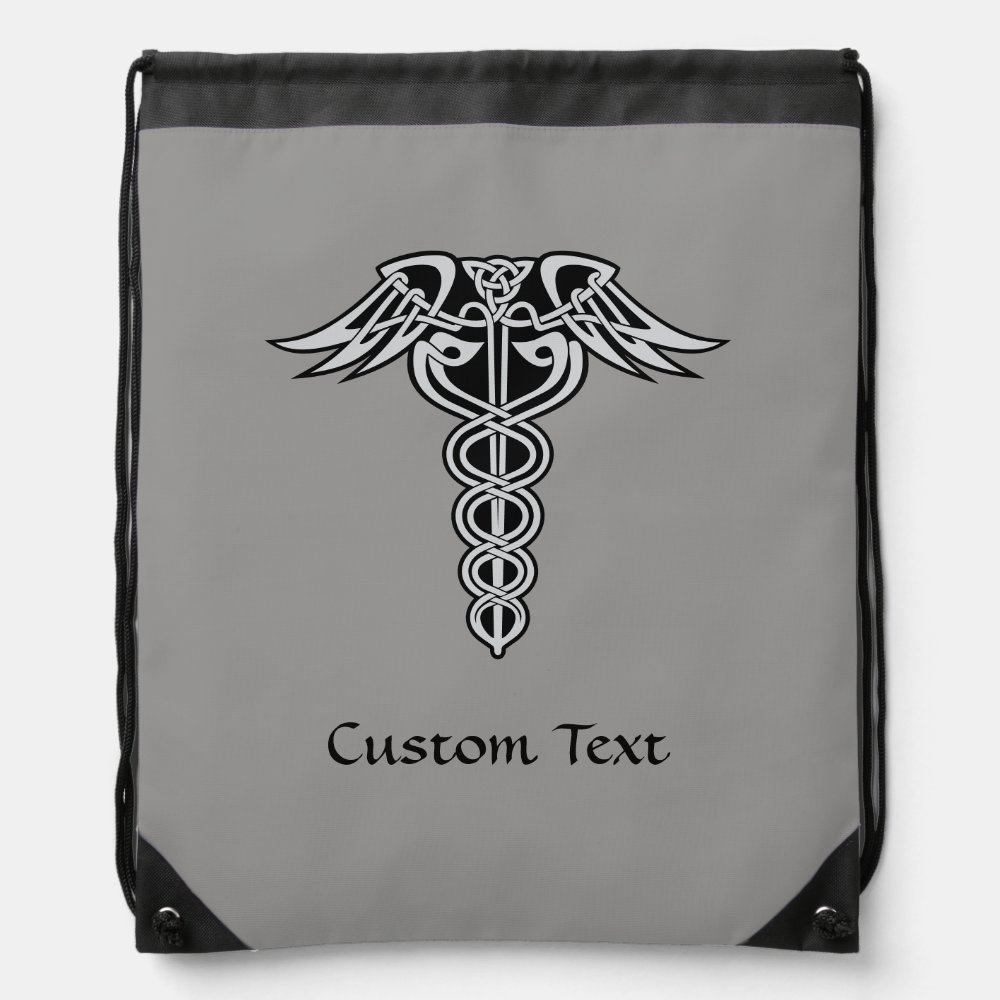 Personalized Text Celtic Knot Caduceus Drawstring Bag